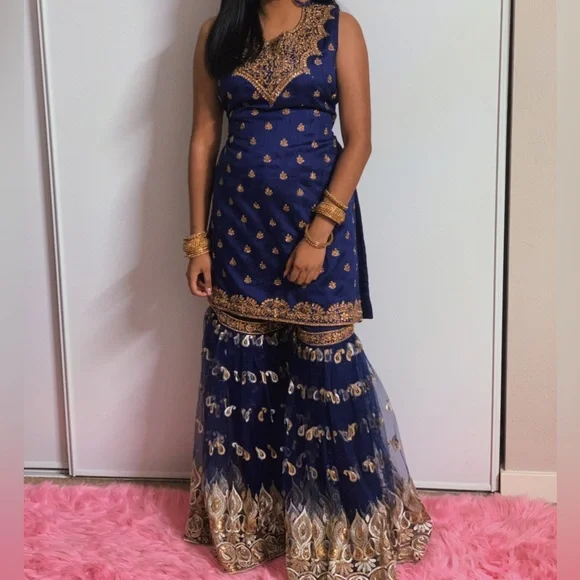dark blue sharara dress Dark blue banarasi sharara suit – Selina Habibti Attire main image 1